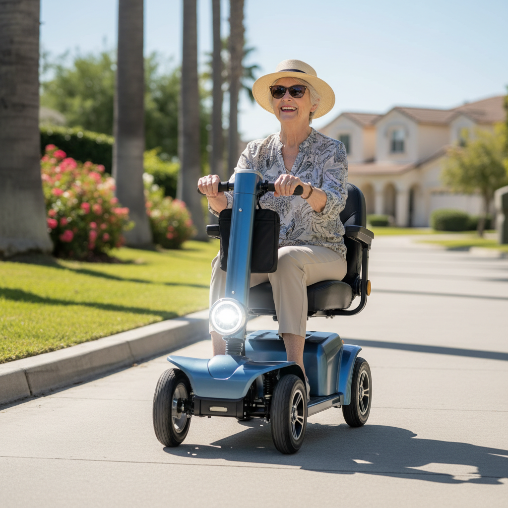 Electric foldable 4-wheel travel mobility scooter in use outdoors on a sunny sidewalk