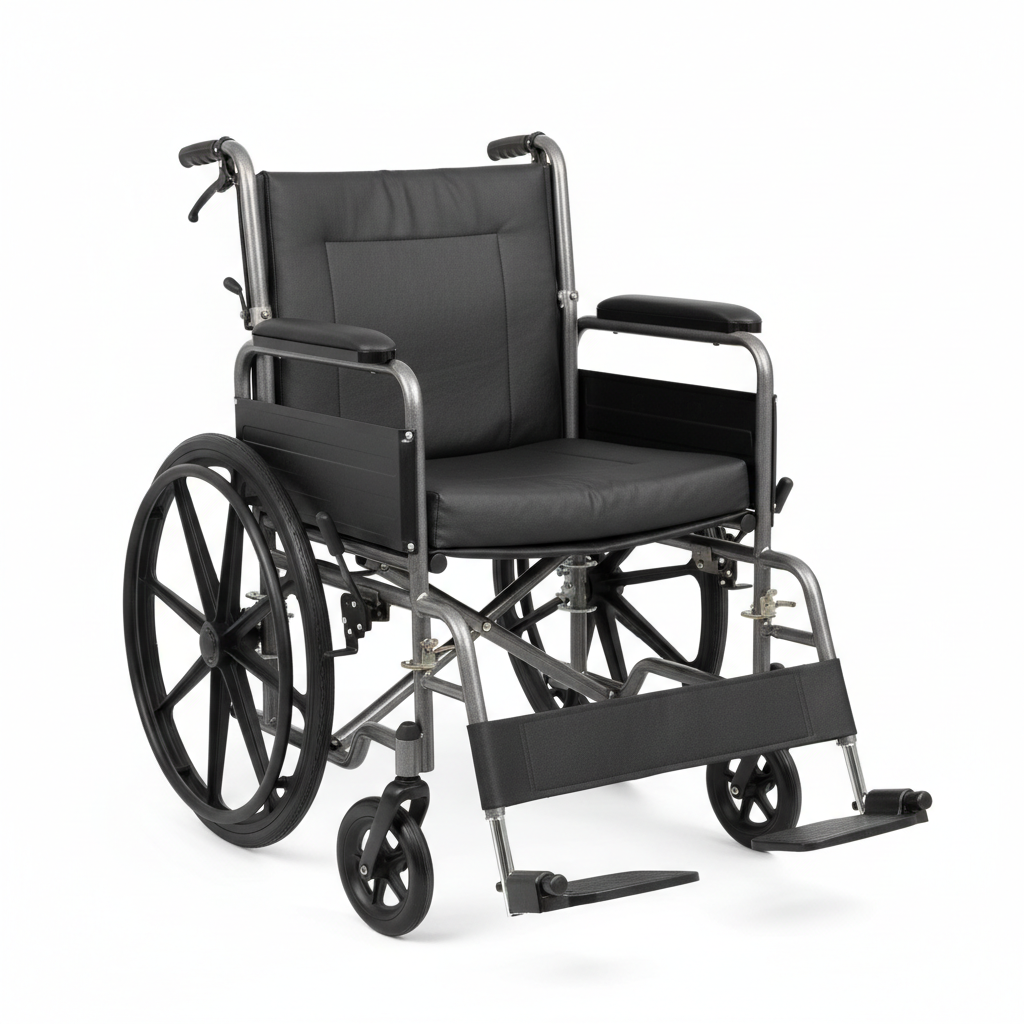 Heavy-duty bariatric transport wheelchair with extra-wide seat and reinforced steel frame on white background