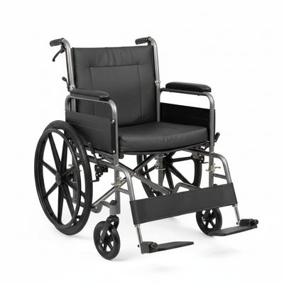Heavy-duty bariatric transport wheelchair with extra-wide seat and reinforced steel frame on white background
