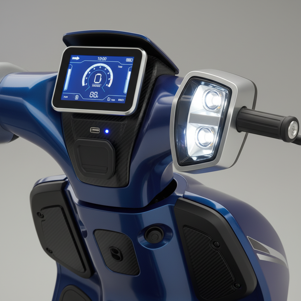 Close-up of heavy-duty electric mobility scooter digital dashboard, USB port and LED headlight