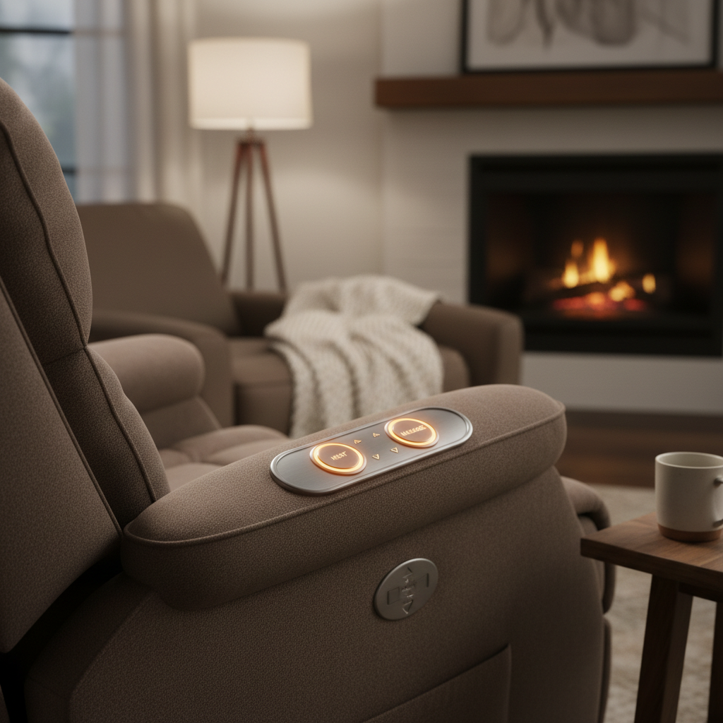 Premium electric lift and recline power chair shown in full recline position with heat and massage controls