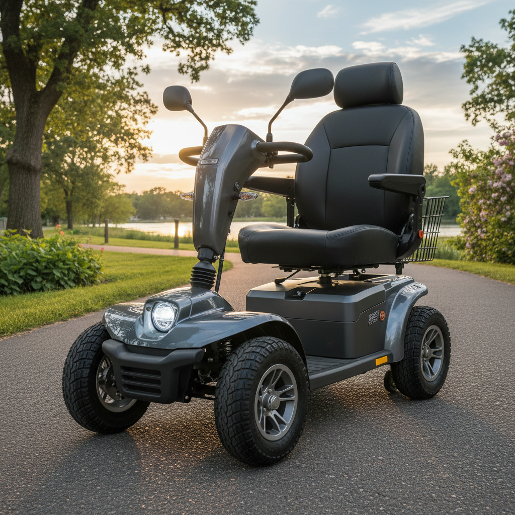 Heavy-duty long-range electric mobility scooter with captain's seat and large pneumatic tires outdoors