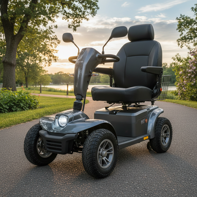 Heavy-duty long-range electric mobility scooter with captain's seat and large pneumatic tires outdoors