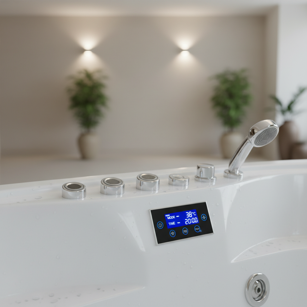 Close-up of whirlpool hydrotherapy bath insert showing multi-directional jets and digital control panel