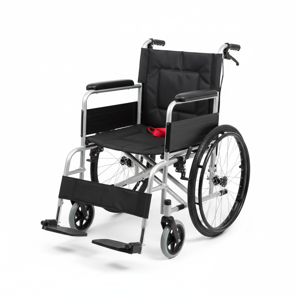 Lightweight folding transport wheelchair with aluminum frame and swing-away footrests on white background