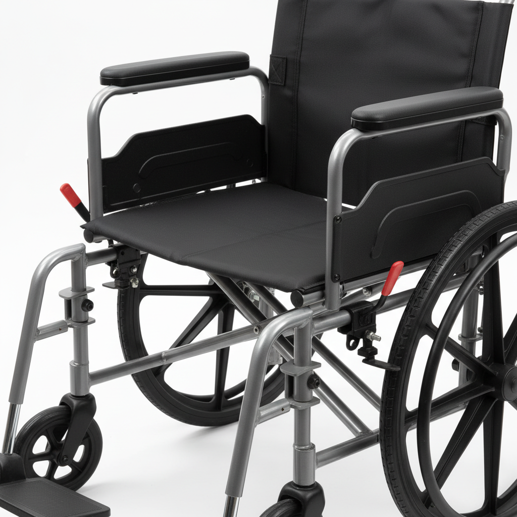 Close-up of bariatric transport wheelchair padded flip-back armrests and dual cross-brace reinforced frame