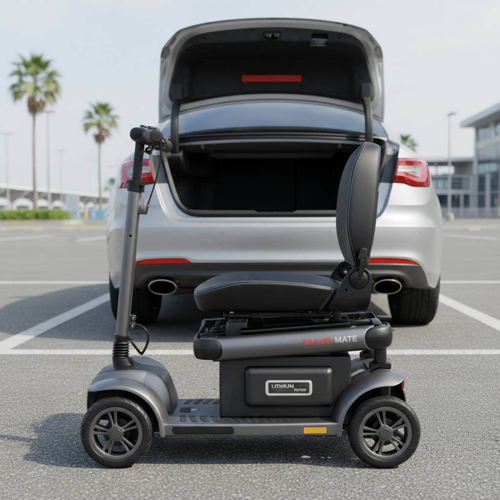 Electric foldable 4-wheel travel mobility scooter shown folded next to a car trunk