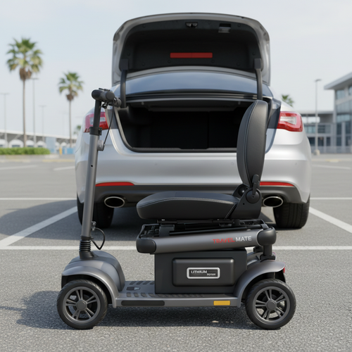 Electric foldable 4-wheel travel mobility scooter shown folded next to a car trunk