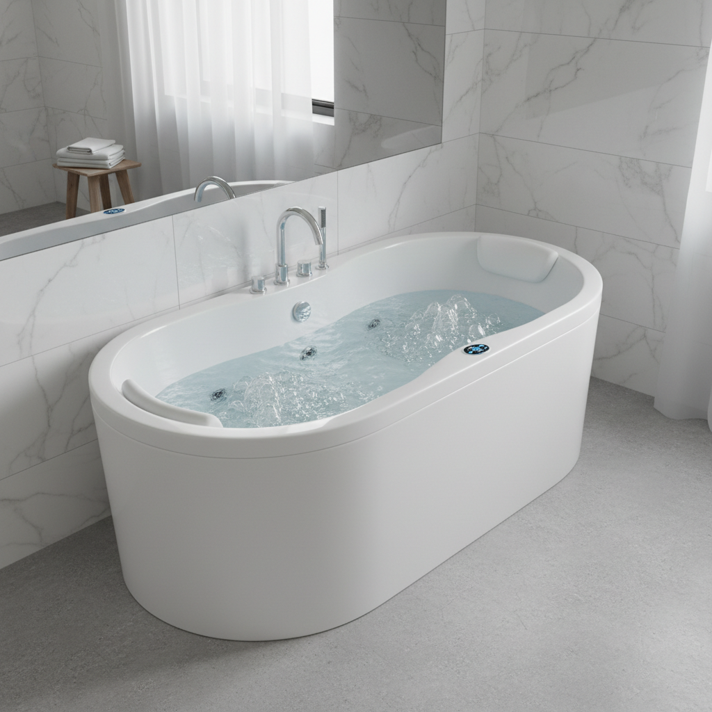 Whirlpool hydrotherapy bath tub insert with water jets and air bubbles in a modern bathroom