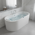 Whirlpool hydrotherapy bath tub insert with water jets and air bubbles in a modern bathroom