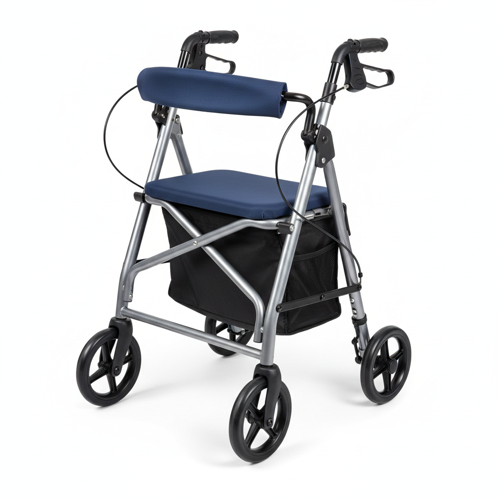 Folding rollator walker with padded seat, storage bag and loop hand brakes on white background