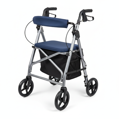 Folding rollator walker with padded seat, storage bag and loop hand brakes on white background