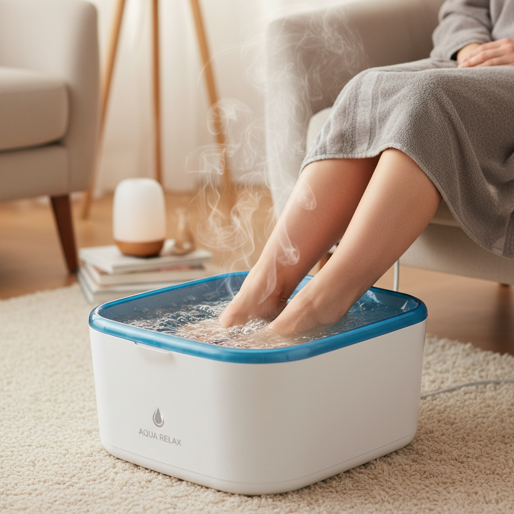 Feet soaking in bubbling warm water in the portable hydrotherapy foot spa, relaxing home spa atmosphere