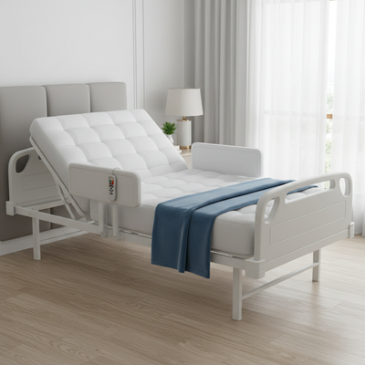 Adjustable electric hospital-style home bed with articulating head and foot sections and side rails