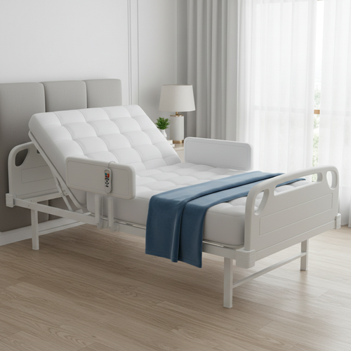 Adjustable electric hospital-style home bed with articulating head and foot sections and side rails