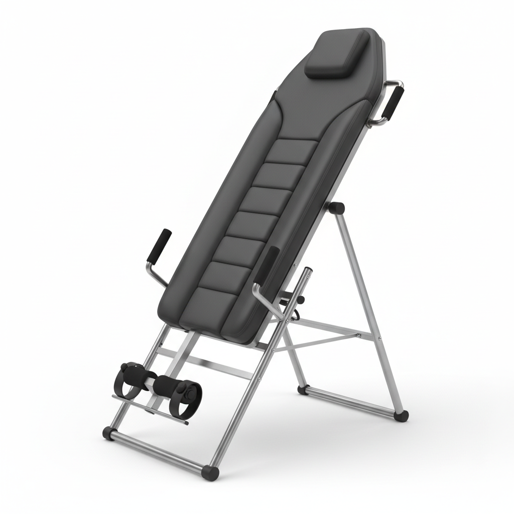 Full-body inversion therapy table with padded backrest shown at inversion angle on white background
