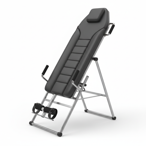 Full-body inversion therapy table with padded backrest shown at inversion angle on white background